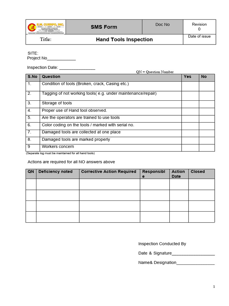 Hand tools Inspection checklist. PDF