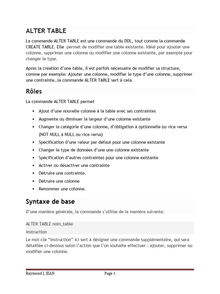 Commande ALTER TABLE en SQL | PDF | SQL | Table (Base de données)
