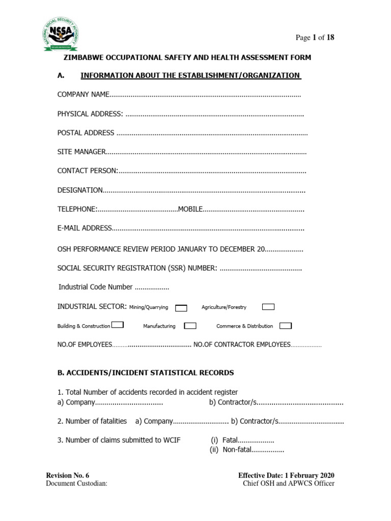 Zimbabwe OSH Assessment Form Guide | PDF | Occupational Safety And ...