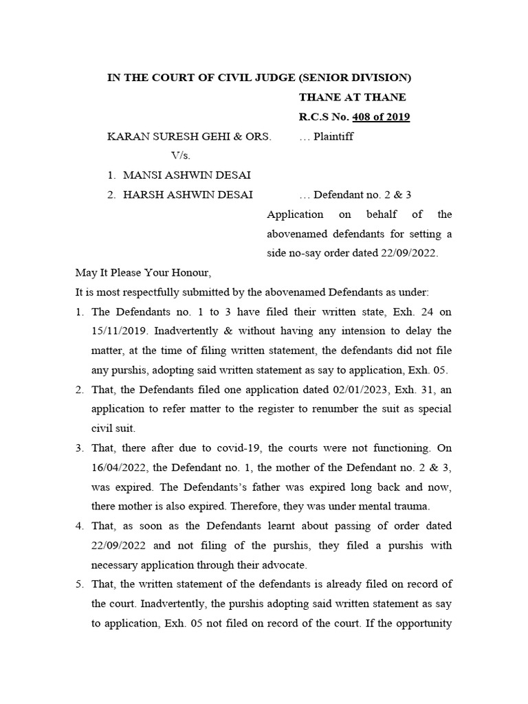 Application for setting a side no say order and purshis adopting