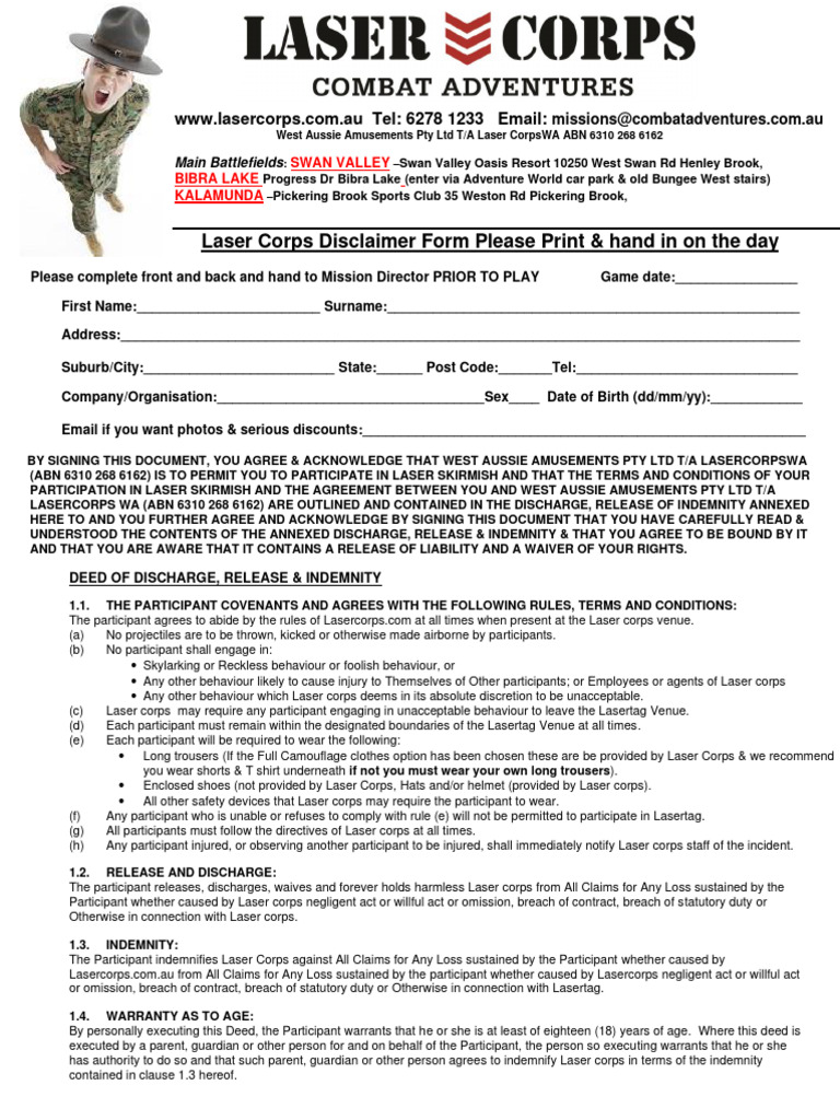 Laser Corps Waiver and Release Form | PDF | Indemnity | Common Law