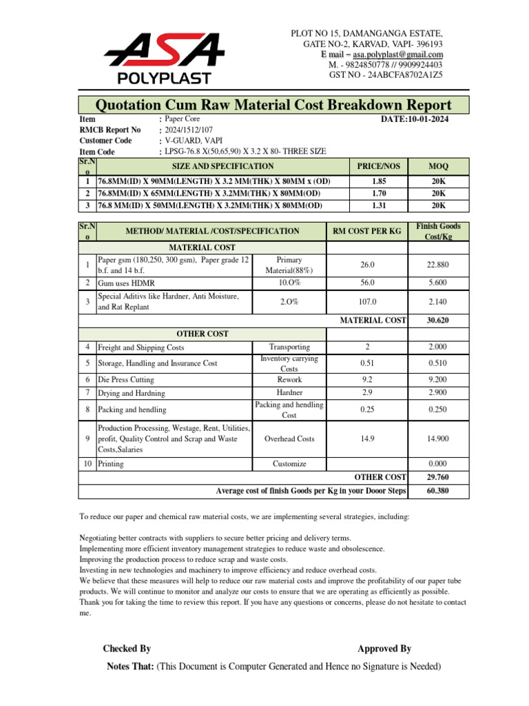 PAPER TUBE Raw Material Cost Breakdown Report PDF Supply Chain Cost