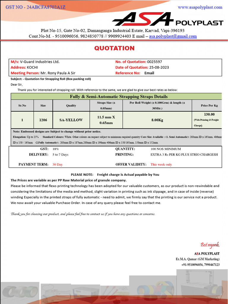 Quotation for Strapping Rolls - ASA Polyplast | PDF