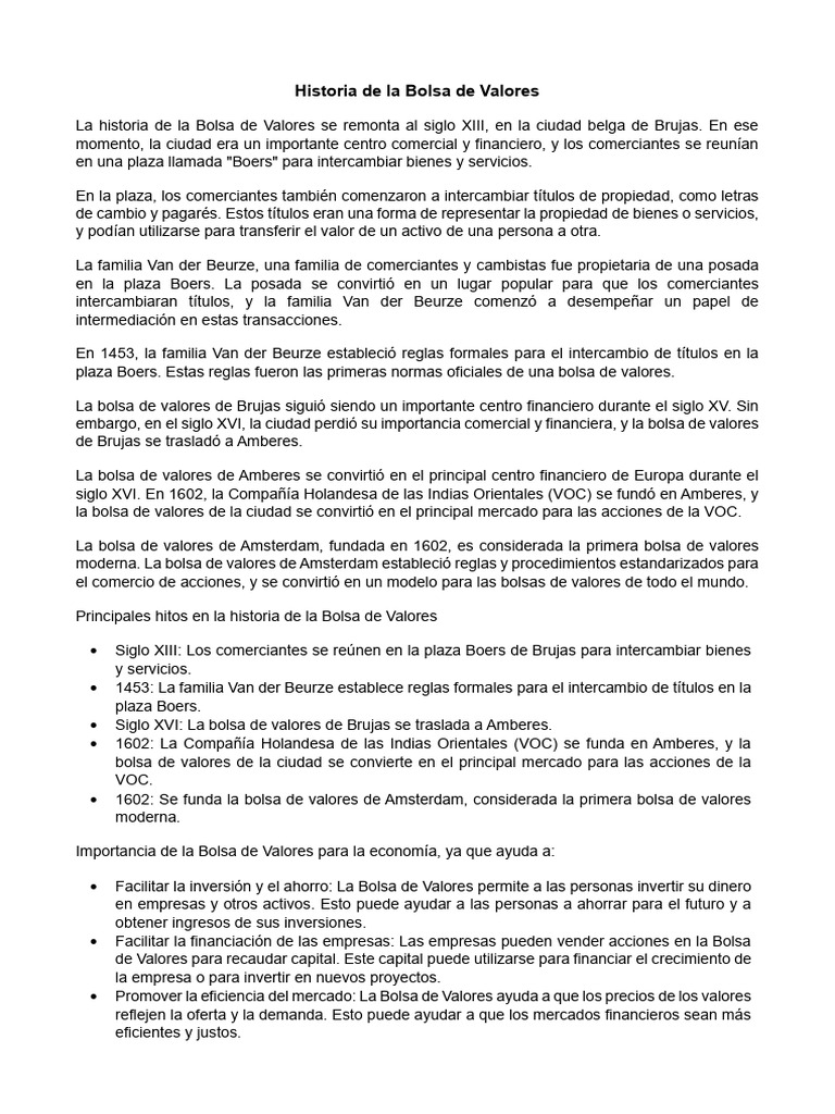 Historia de la Bolsa de Valores | PDF | Bolsa | Business