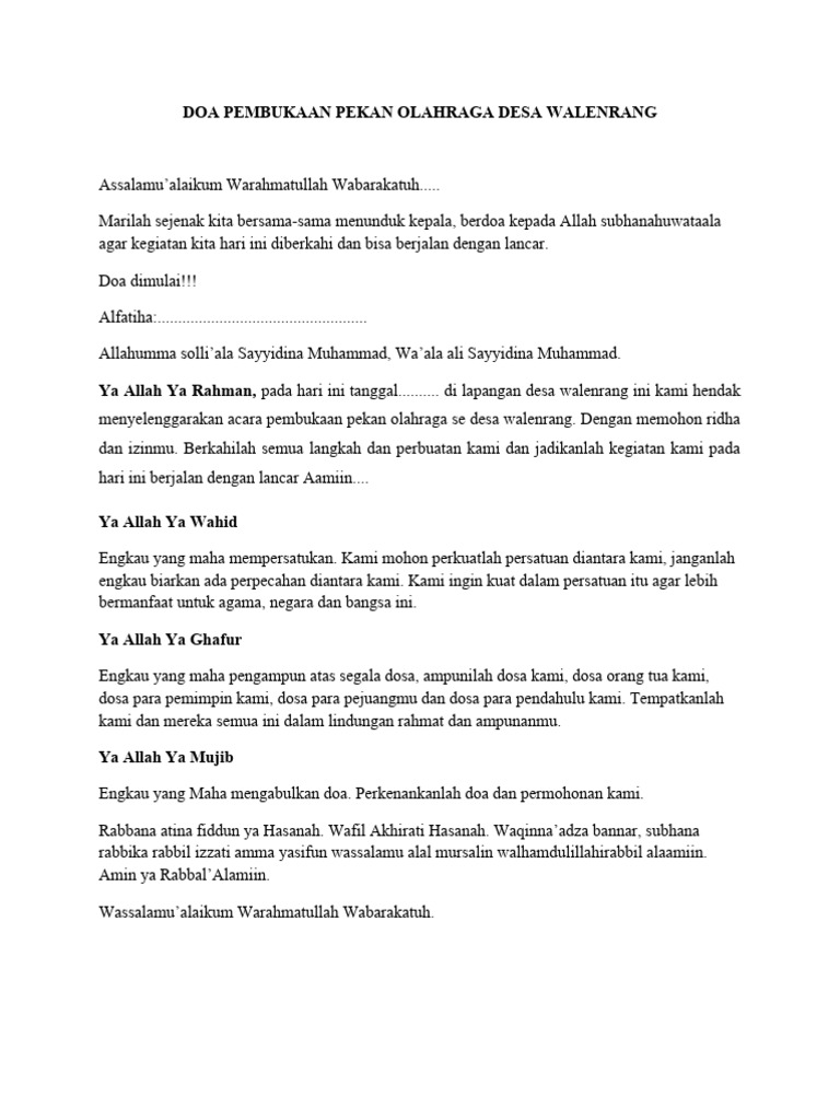 Doa Pembukaan Pekan Olahraga Desa Walenrang Pdf