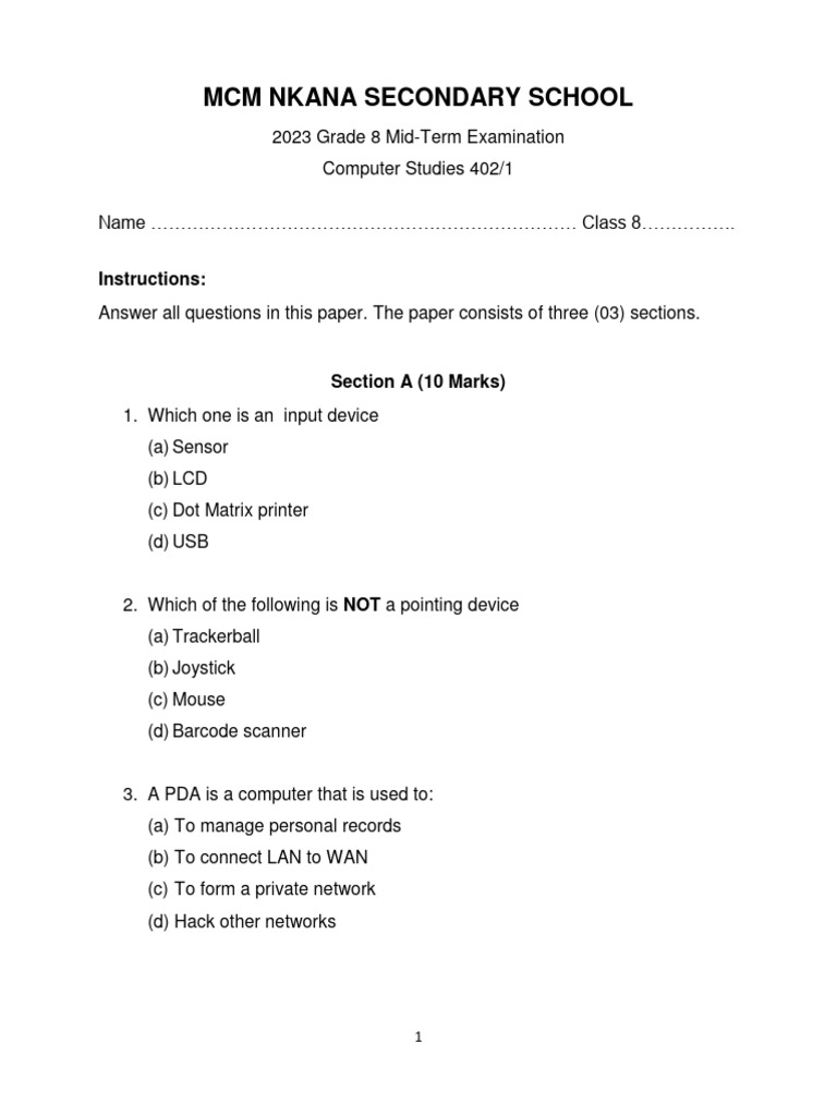 Grade 8 Computer Studies Exam 2023 | PDF | Computer Keyboard ...