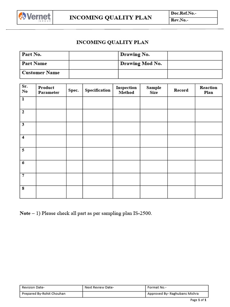 Incoming Quality Plan Template | PDF | Technology & Engineering