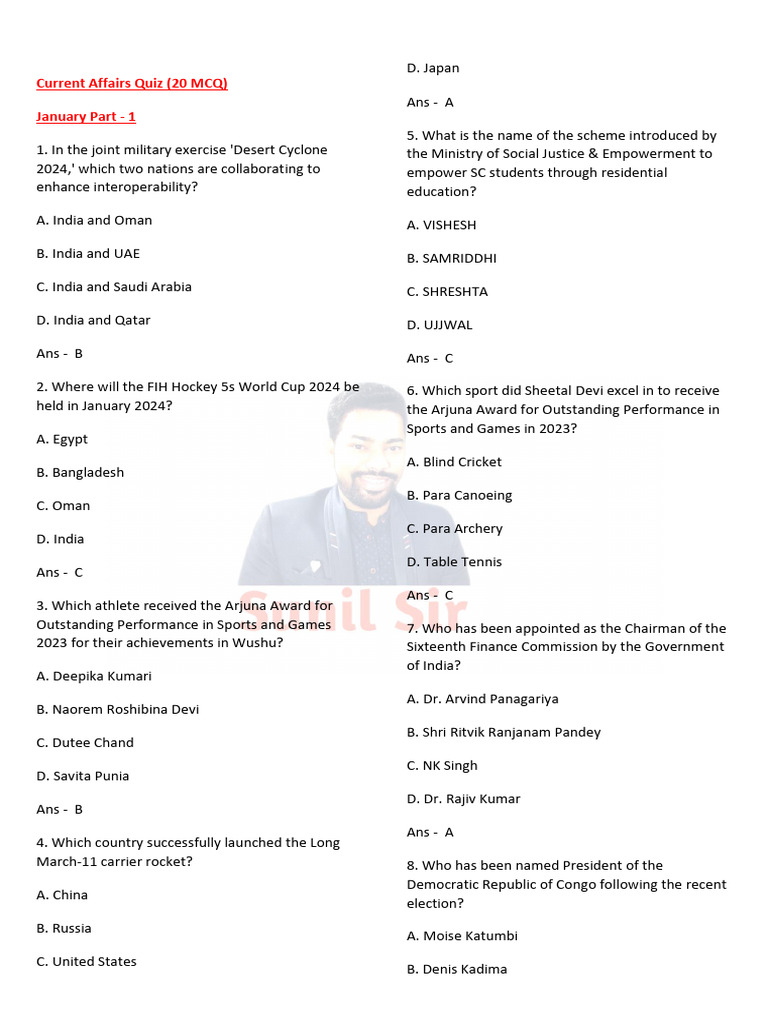 January 2024 Current Affairs Quiz | PDF | Travel