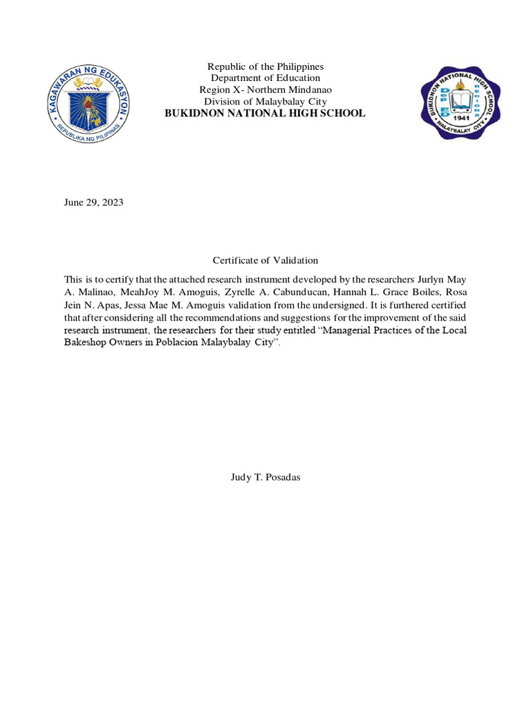 Certificate of Validation for Research Instrument | PDF