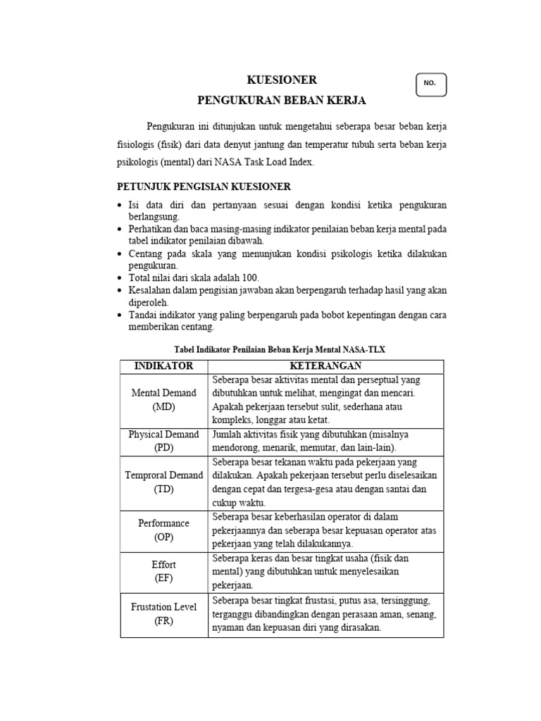 Kuesioner NASA TLX | PDF
