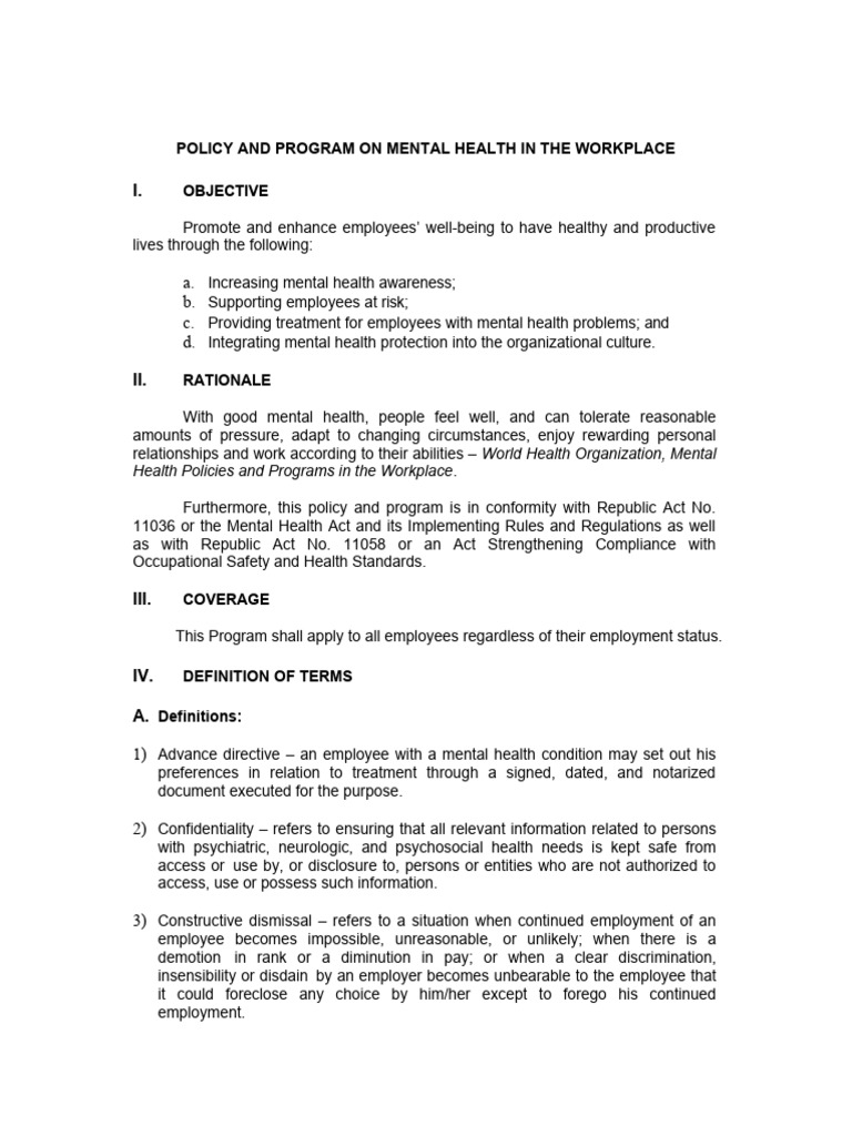 Workplace Mental Health Policy Guide | PDF | Mental Disorder | Mental ...