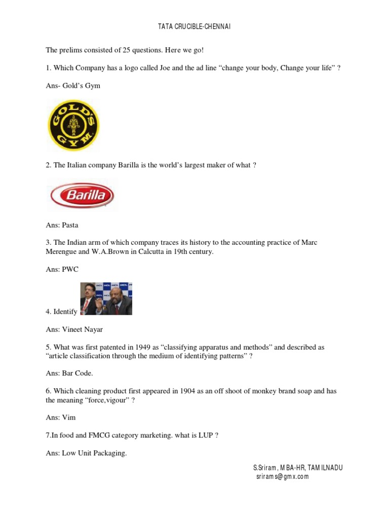 TATA Crucible Quiz Chennai PDF Business