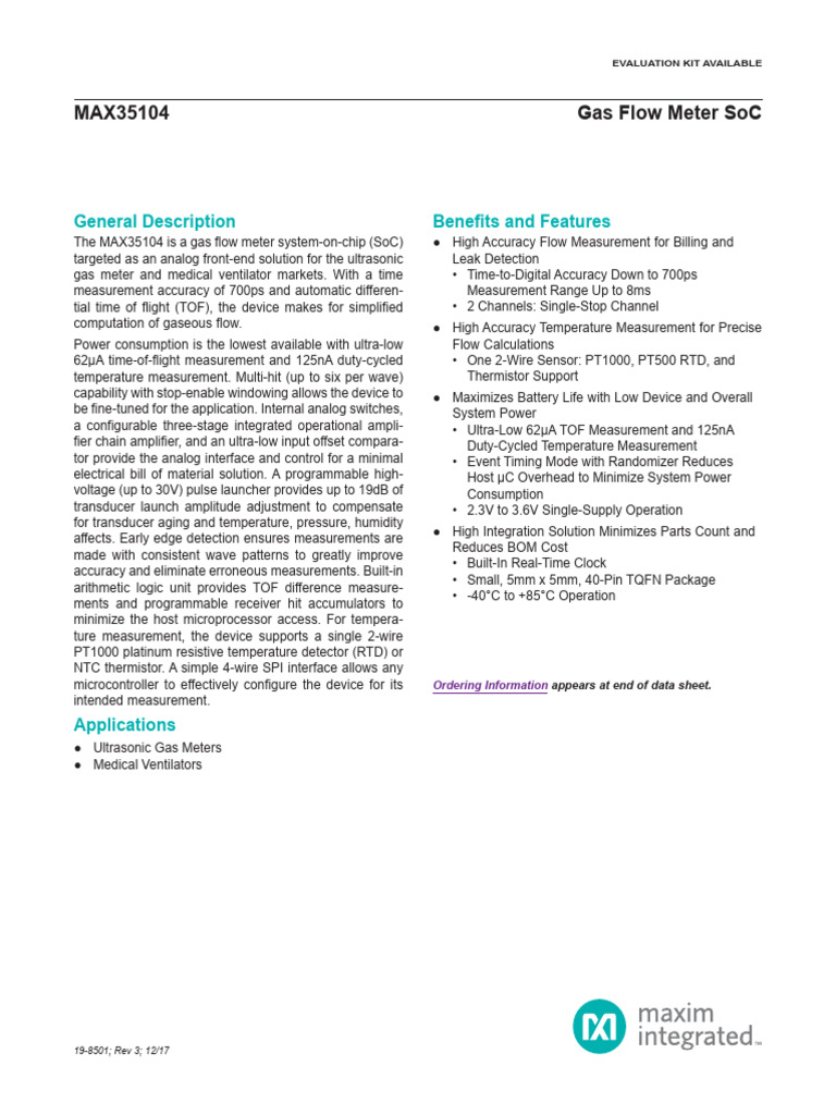 MAX35104 Gas Flow Meter SoC | PDF | Field Effect Transistor | Time Of ...