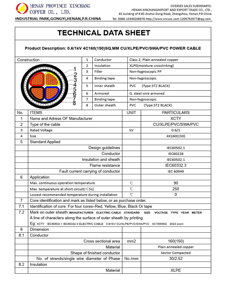 0.6/1kV CU/XLPE Power Cable Data Sheet | PDF | Insulator (Electricity ...