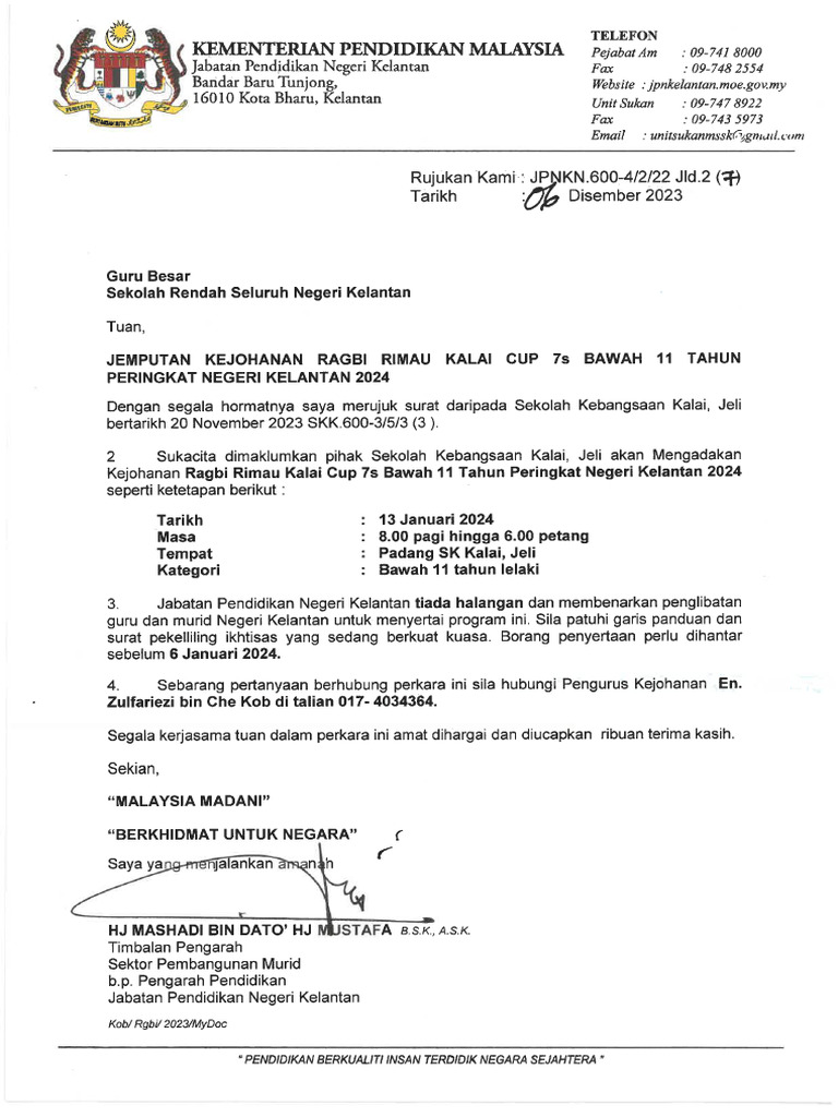 SURAT JEMPUTAN KEJOHANAN RAGBI RIMAU KALAI CUP 7s BAWAH 11 TAHUN ...
