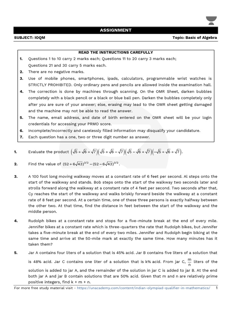 IOQM Algebra Assignment Questions | PDF | Polynomial | Equations