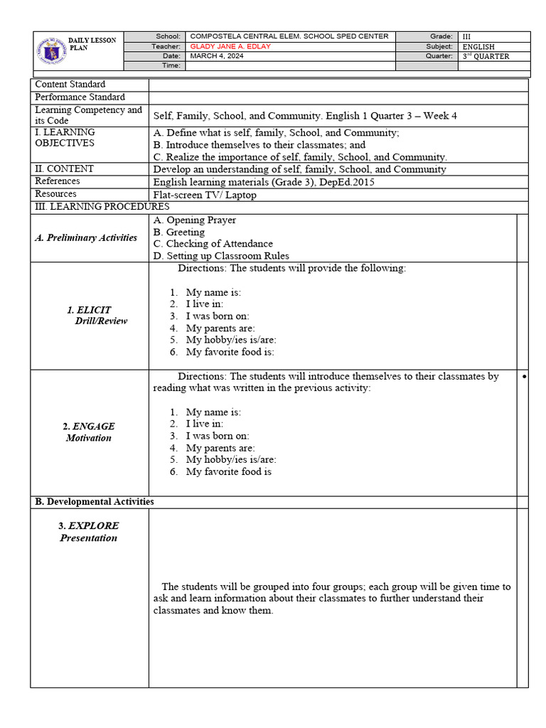 Grade 3 English Lesson Plan: Self & Community | PDF | Learning | Cognition