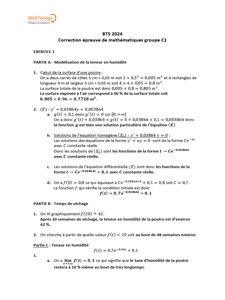 Corrigé Maths BTS 2024 Groupe C1 | PDF | Mathématiques | Objets ...