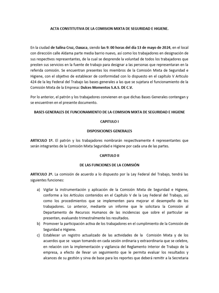 456962153 Acta Constitutiva de La Comision Mixta de Seguridad e Higiene ...