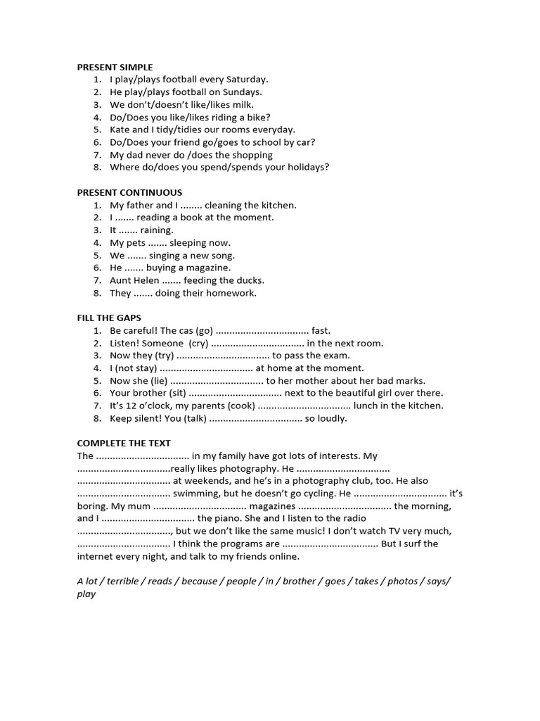 Present Simple and Continuous Exercises | PDF | Cooking, Food & Wine ...