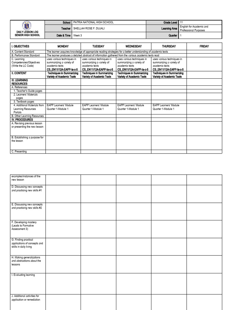 DAILY LESSON LOG in EAPP | PDF | Learning | Teachers