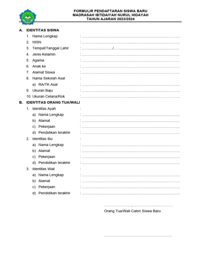 Formulir Pendaftaran Siswa Baru Mi Pdf