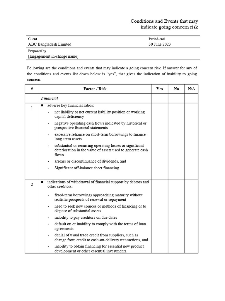 Going Concern assessment checklist step1 PDF Going Concern Debt