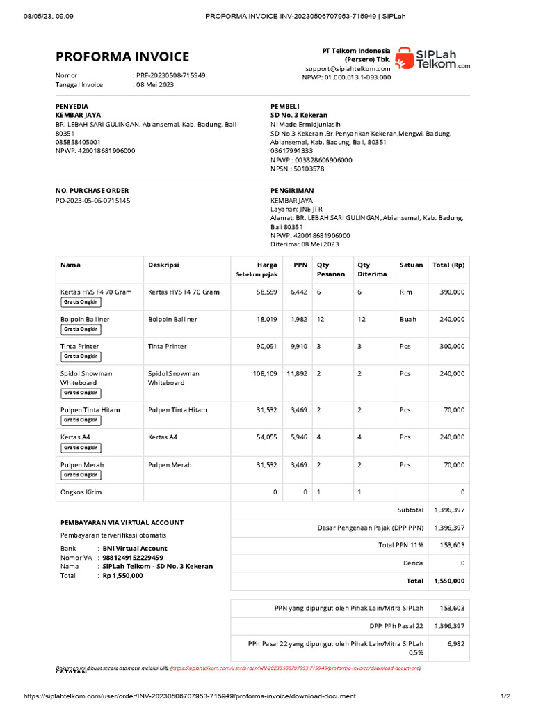 Proforma Invoice SIPLah Telkom 2023 | PDF