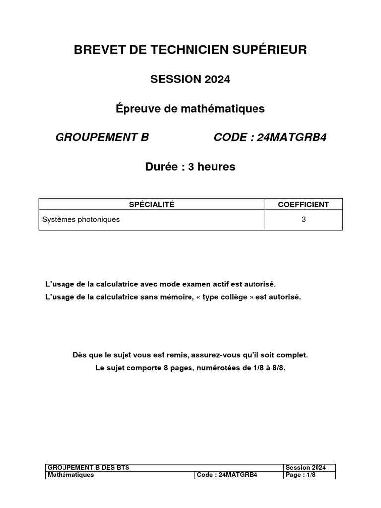 Corrigé BTS Maths 2024 - Sujet B | PDF | Limite (mathématiques ...