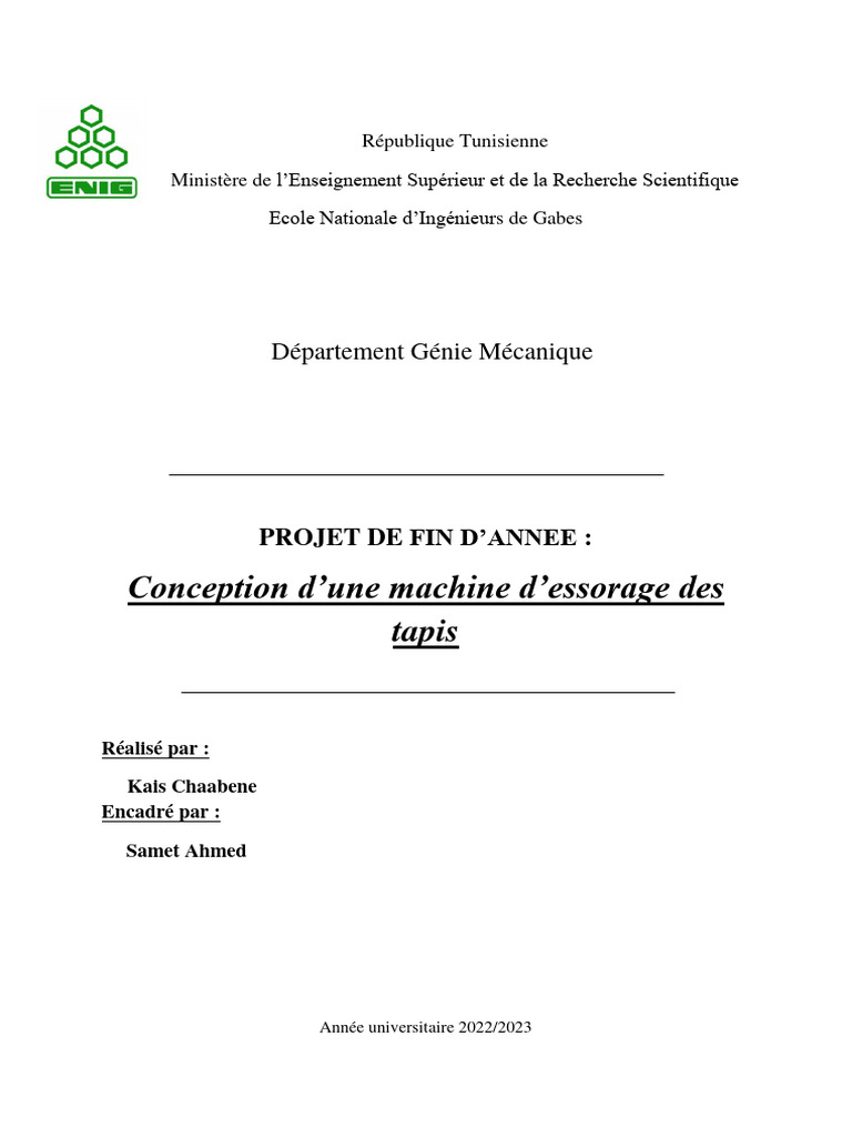 Conception d'une machine à essorer les tapis | PDF | Écrou | Courroie