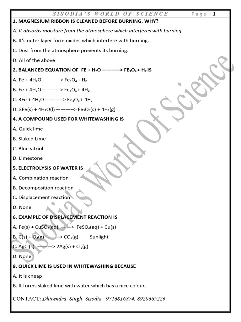 Chemical Equation MCQ PDF Redox Chemical Reactions