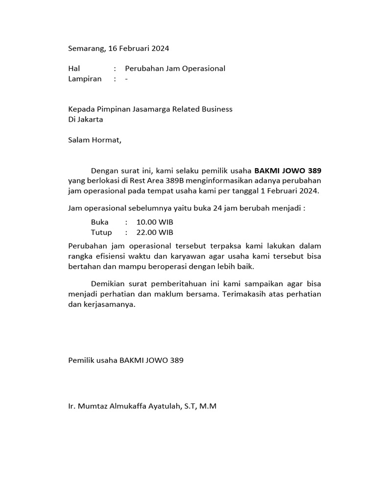 Perubahan Jam Operasional Bakmi Jowo 389 PDF