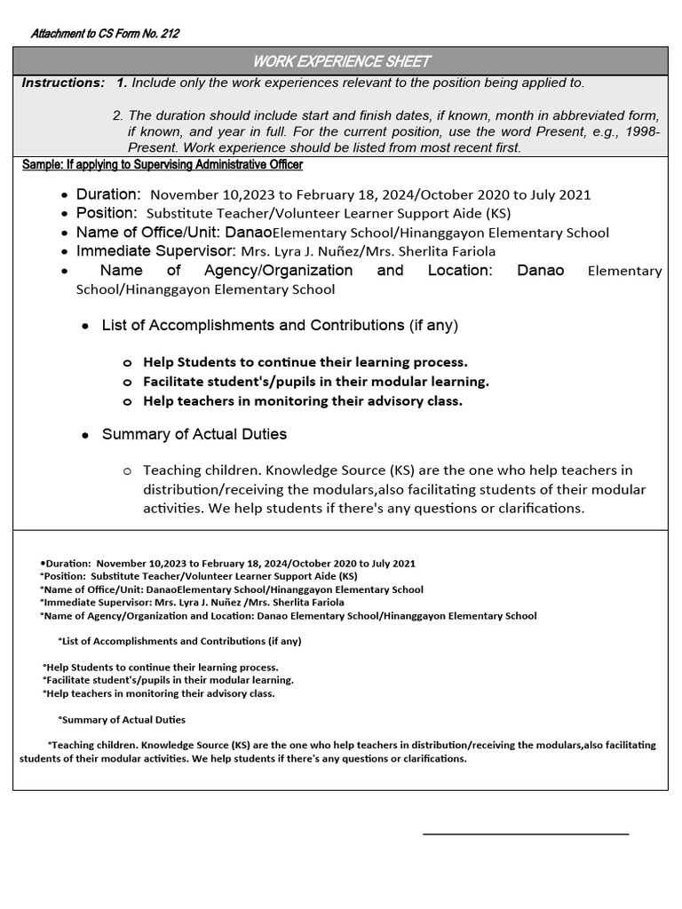 Work Experience Sheet Instructions | PDF | Teachers | Learning