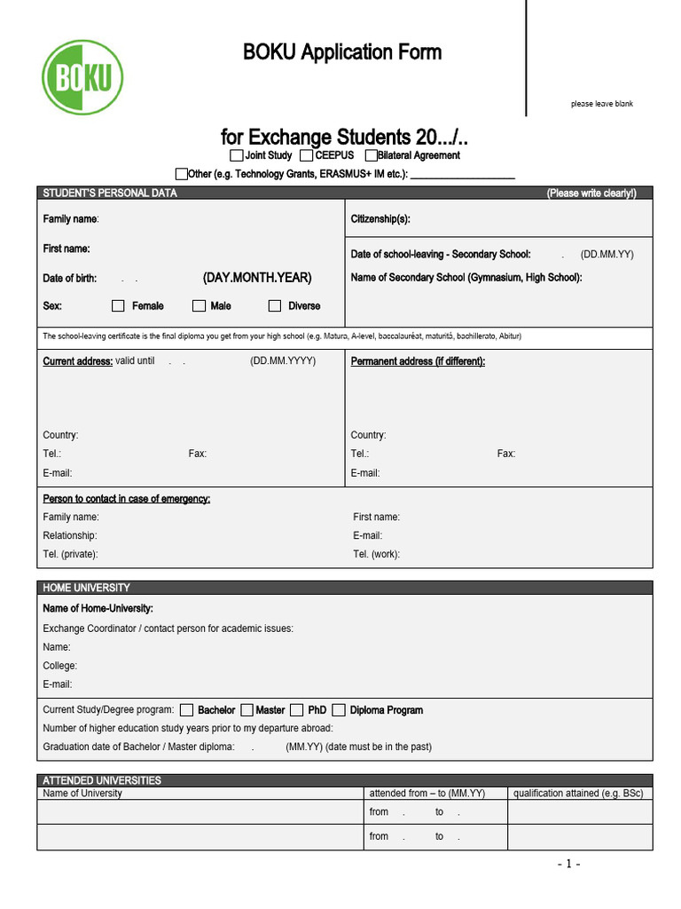 BOKU Exchange Student Application Form | PDF | Forestry | Academic Degree