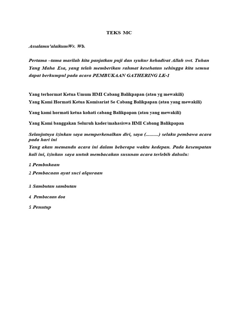 Teks MC Pembukaan Gathering LK-1 | PDF