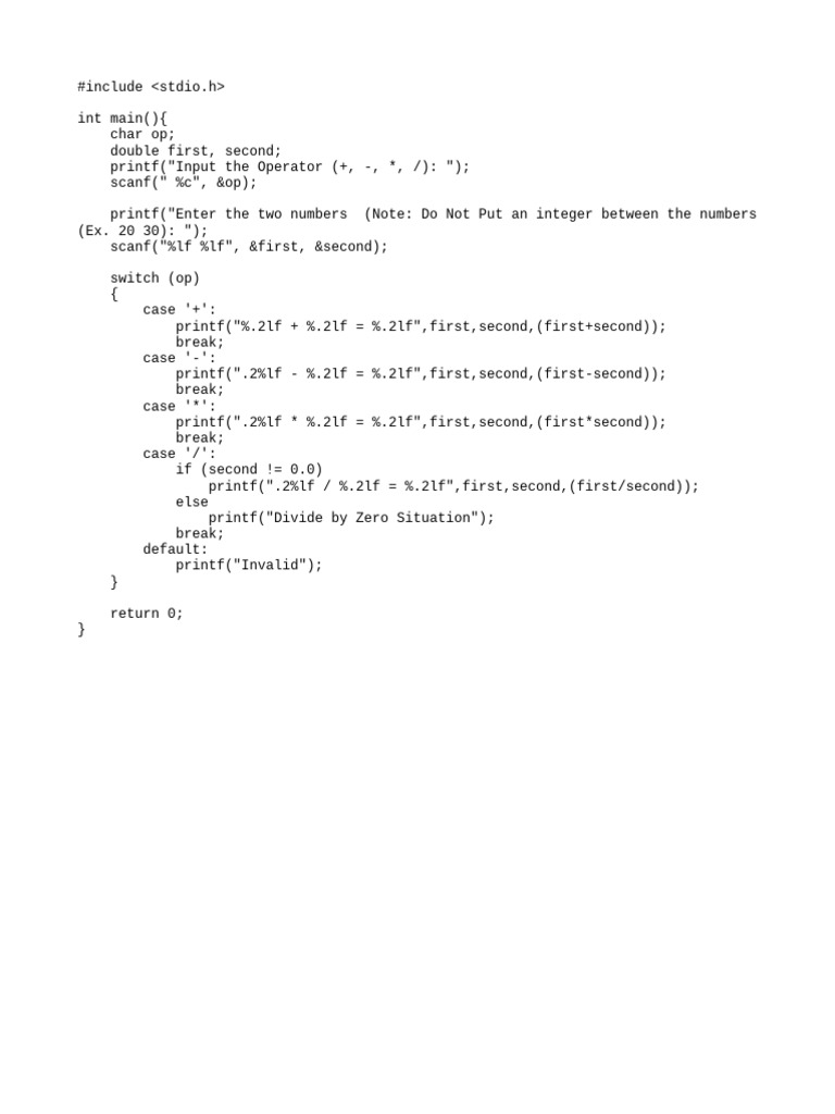 C Program for Basic Calculator | PDF