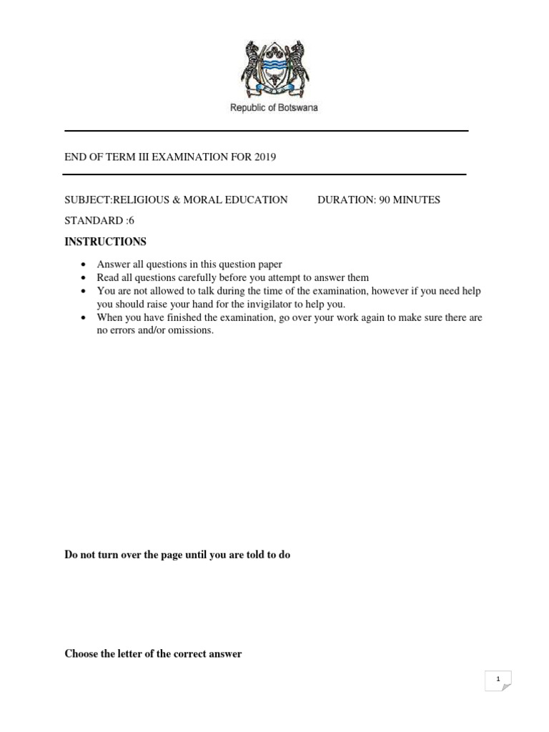 Standard 6 Moral Education Exam Paper | PDF | Punishments | Crimes