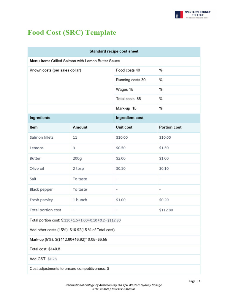 Food Costing Template for Recipes | PDF | Cost | Cuisine