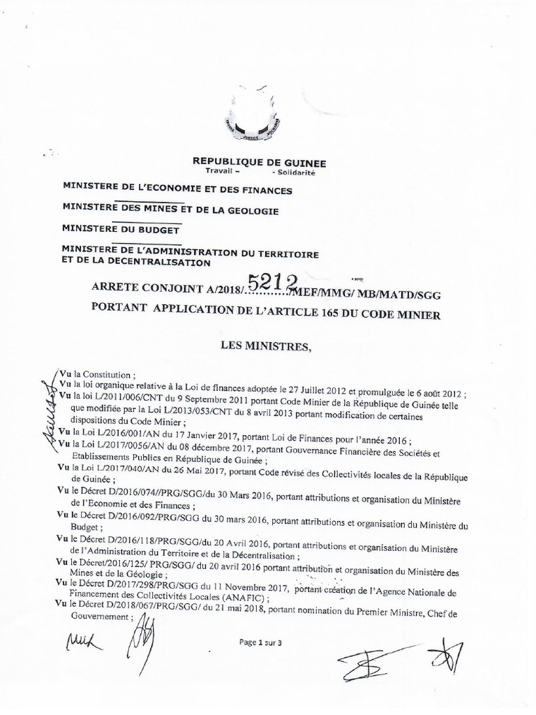 Arrete 2018 Application-Art165 Code-Minier Transfert-Infranat | PDF