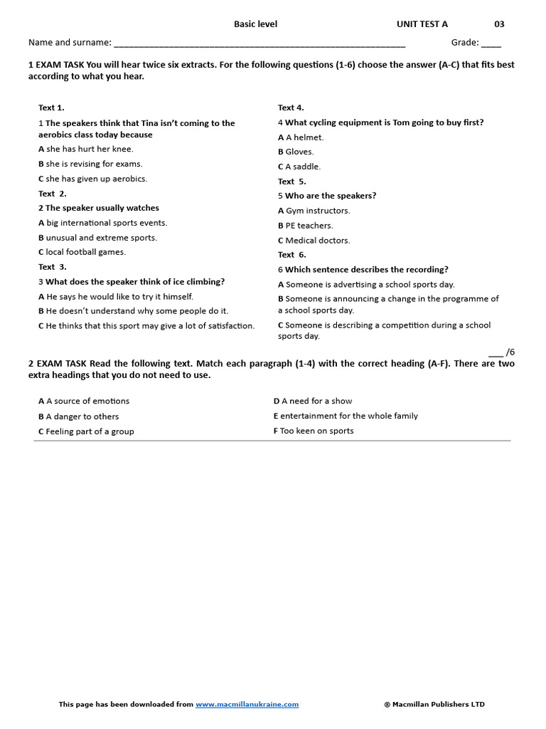 Unit Test 3A Basic Level | PDF | Sports & Recreation