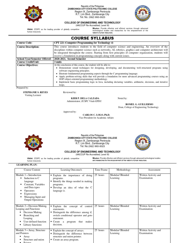 CPT 221 Syllabus 2020 2021 | PDF | Computer Program | Programming
