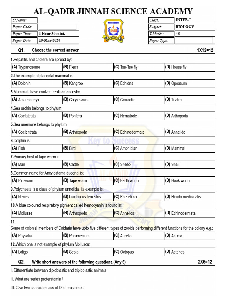Test No. 5 | PDF | Zoology | Organisms