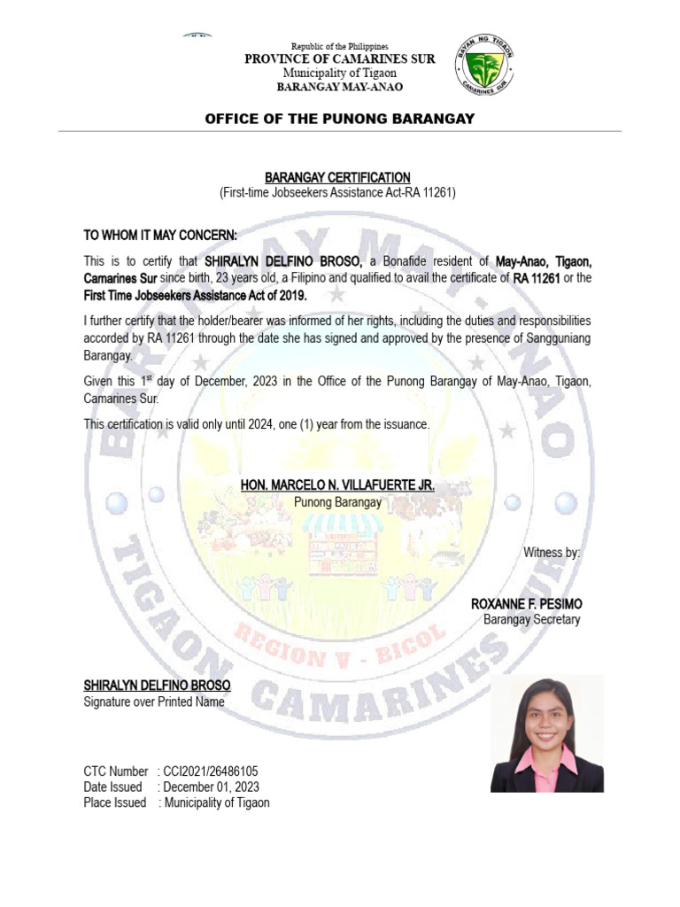Certificate of first job seeker pdf