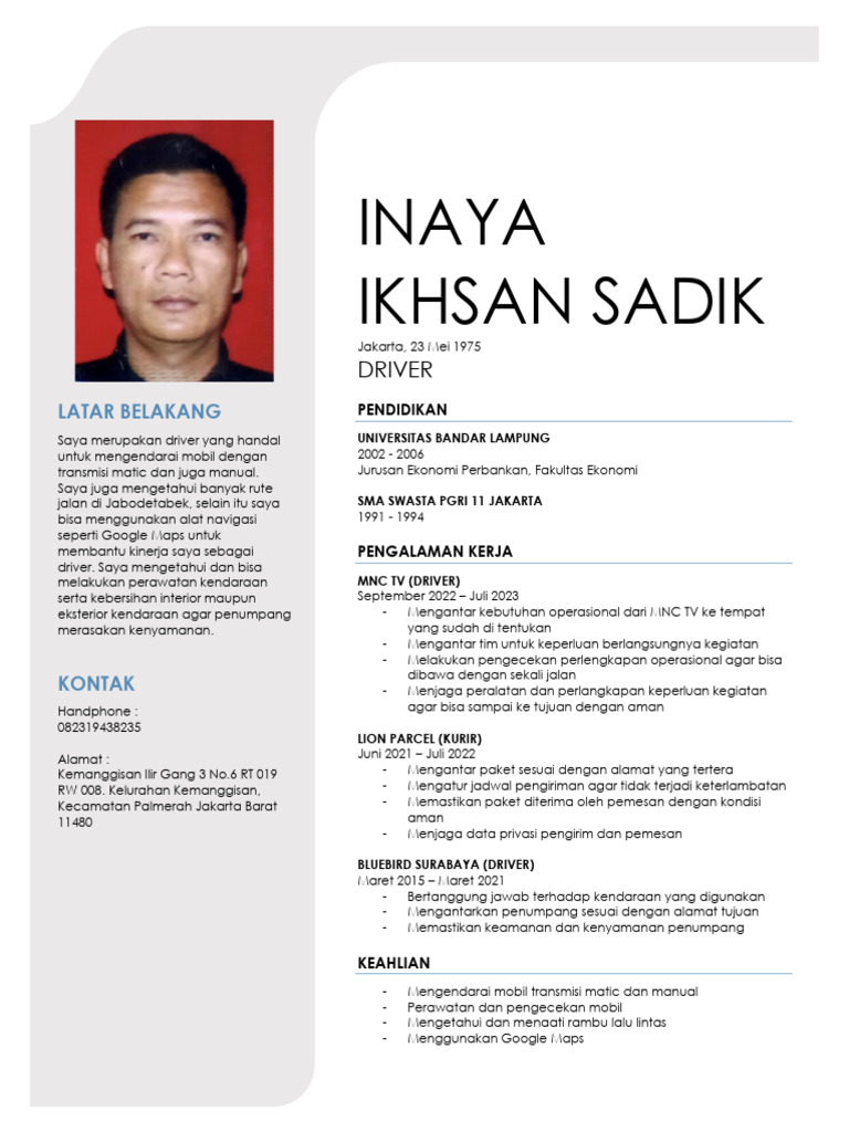 Profil Driver Berpengalaman Inaya 2002 | PDF