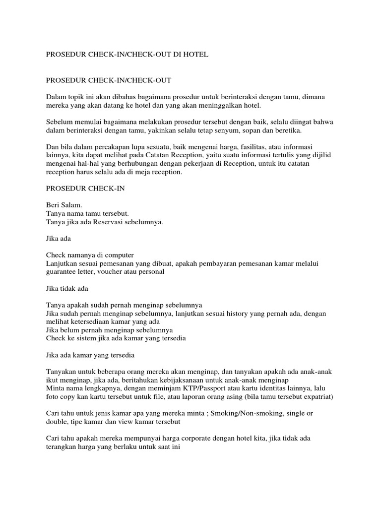 Prosedur Check in Dan Check Out | PDF | Karier & Perkembangan