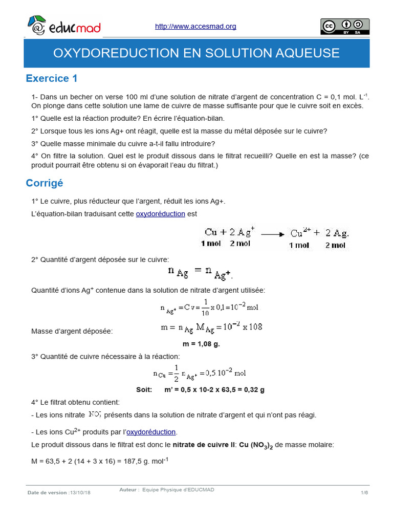 Oxydoréduction en solution aqueuse | PDF | Zinc | Cuivre