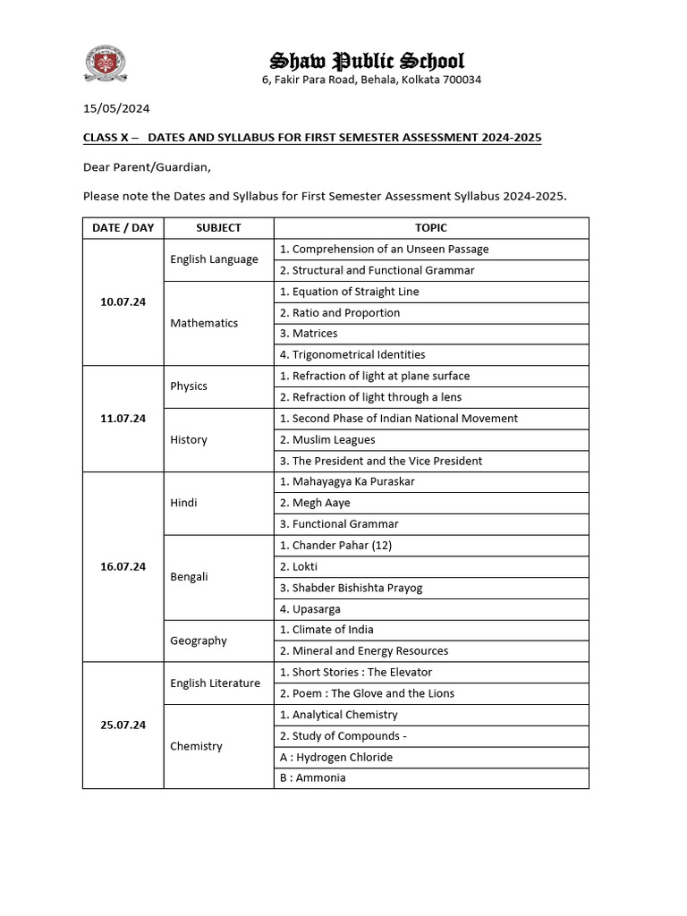 Class x dates and syllabus for first semester assessment 2024 2025 pdf