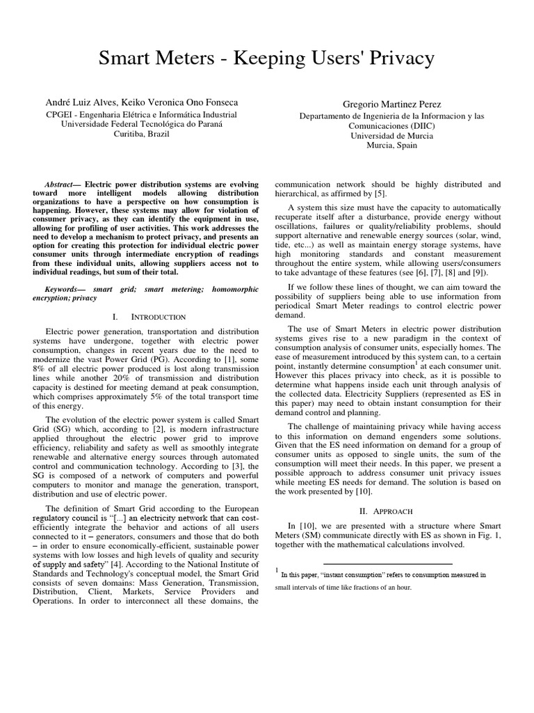 Smart Meters and User Privacy Solutions | PDF | Smart Grid | Electrical ...
