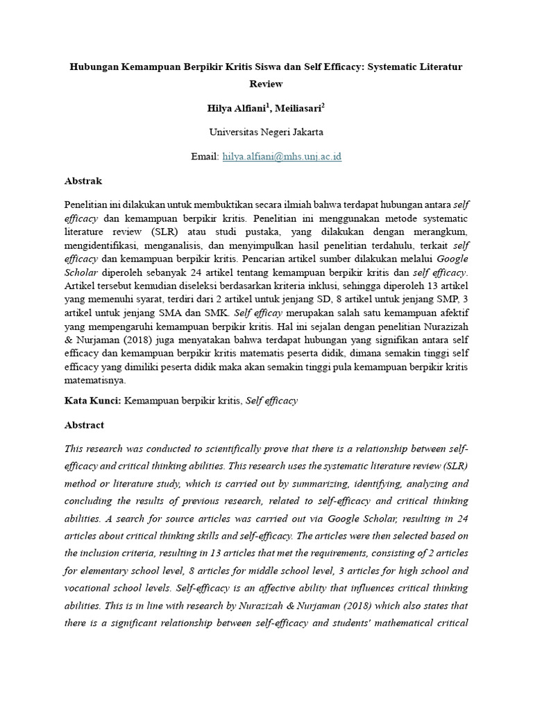 Hubungan Self Efficacy dan Berpikir Kritis | PDF