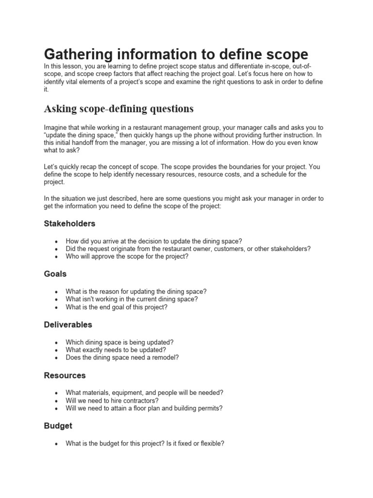 Gathering Information To Define Scope | PDF | Goal | Creep (Deformation)